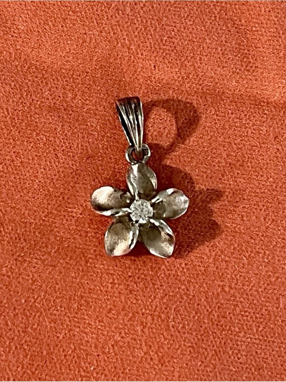 PCU Designer Sterling Silver Pendant Necklace Charm Plumeria Flower Clear CZ 5/8